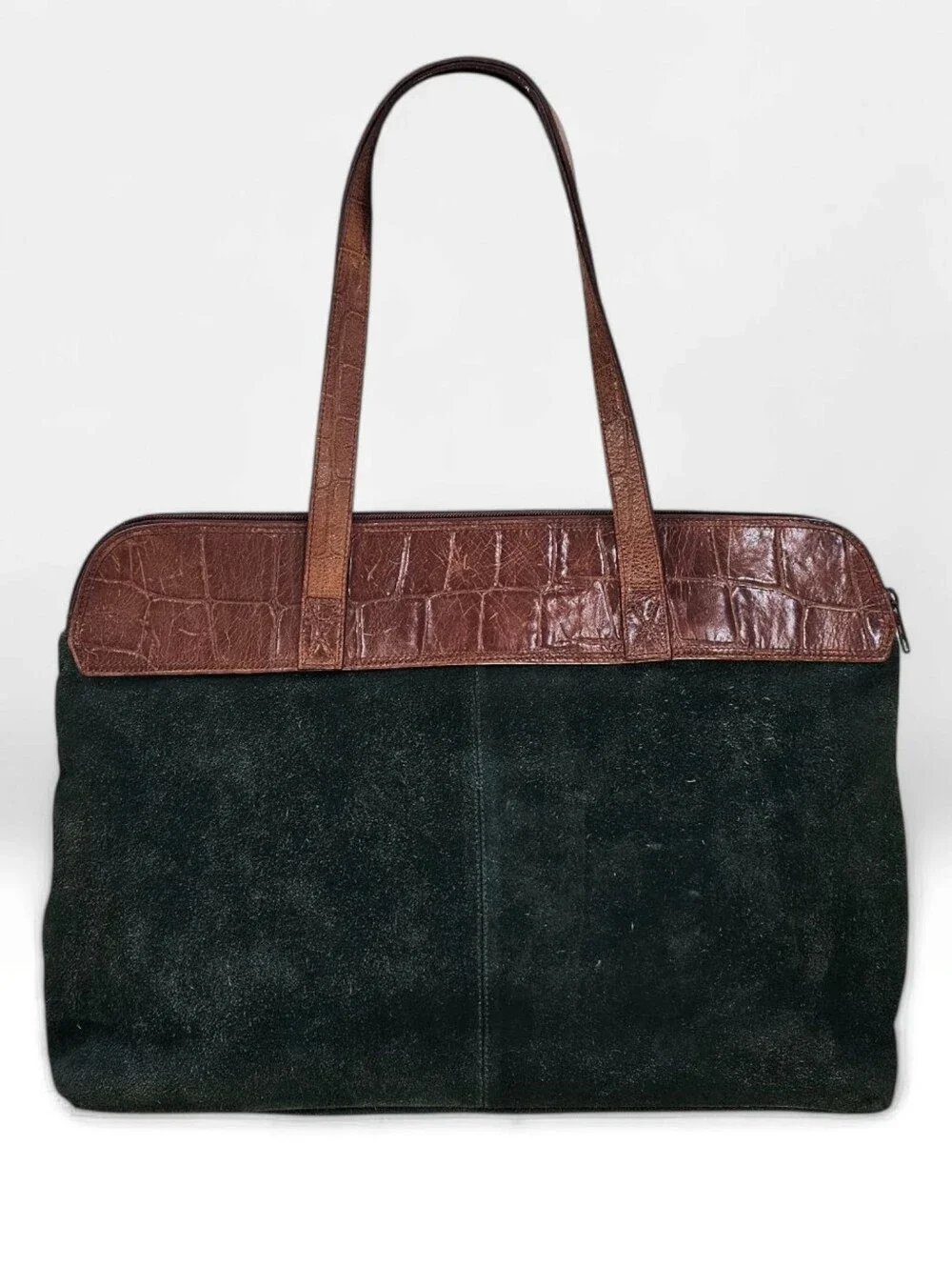 Vtg VALERIE STEVENS Green Suede Brown Croc Embossed Leather Zip Work Tote